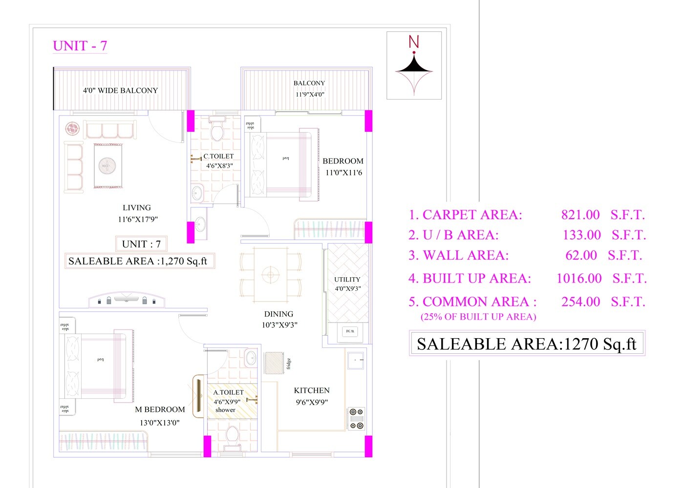 Floor plan of 2 BHK 1270 Sq. Ft. Apartment in SSVD Gokulam, Bangalore