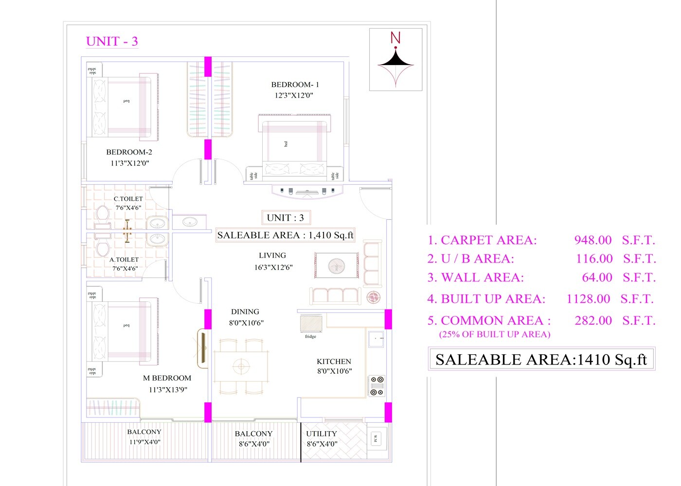 Floor plan of 3 BHK 1410 Sq. Ft. Apartment in SSVD Gokulam, Bangalore