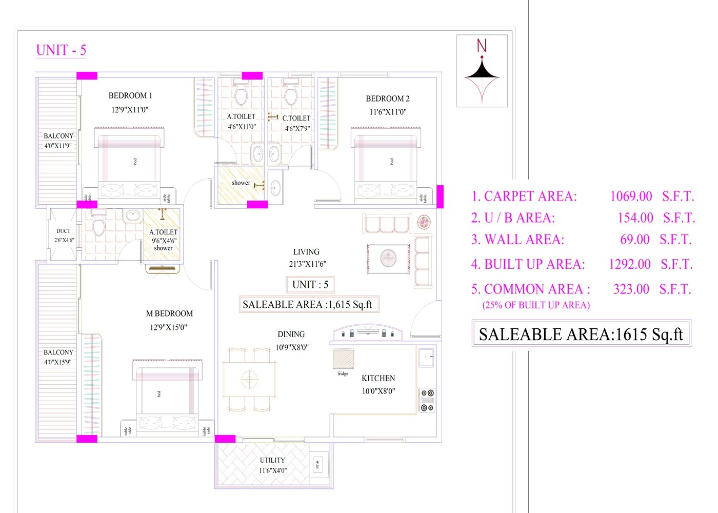 Floor plan of 3 BHK 1615 Sq. Ft. Apartment in SSVD Gokulam, Bangalore