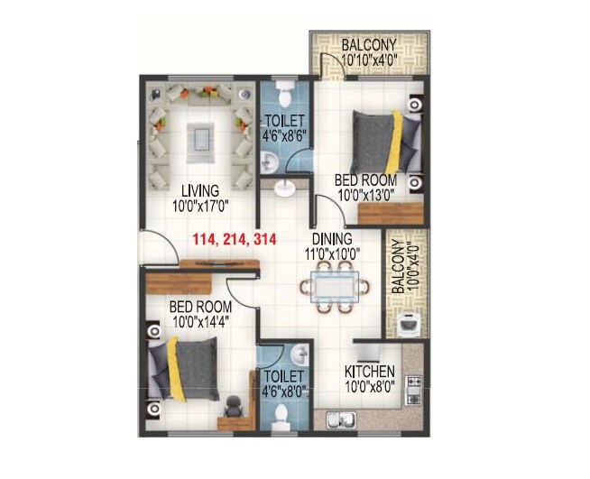 Floor plan of 2 BHK 1040 Sq. Ft. Apartment in SSVR Crescent, Bangalore