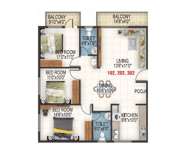 Floor plan of 3 BHK 1230 Sq. Ft. Apartment in SSVR Crescent, Bangalore