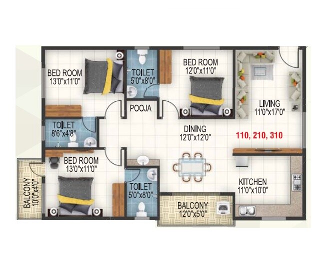 Floor plan of 3 BHK 1550 Sq. Ft. Apartment in SSVR Crescent, Bangalore