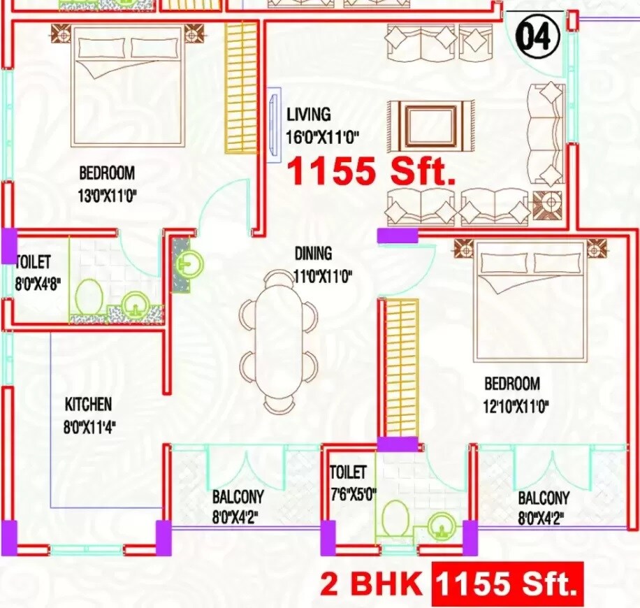 Floor plan of 2 BHK 1155 Sq. Ft. Apartment in SSVR Iris, Bangalore