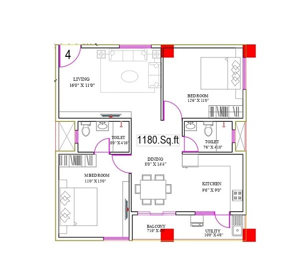 Floor plan of 2 BHK 1180 Sq. Ft. Apartment in SSVR Niyaara, Bangalore