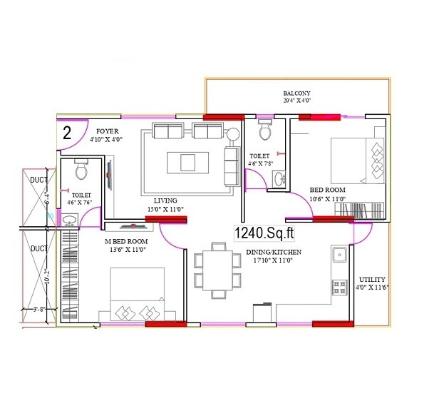 Floor plan of 2 BHK 1240 Sq. Ft. Apartment in SSVR Niyaara, Bangalore