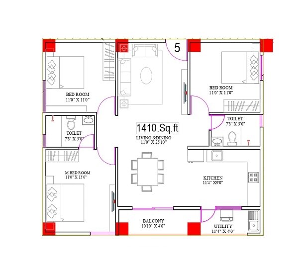 Floor plan of 3 BHK 1410 Sq. Ft. Apartment in SSVR Niyaara, Bangalore
