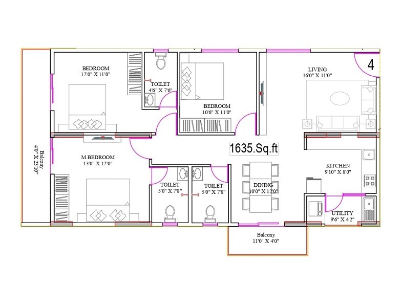 Floor plan of 3 BHK 1635 Sq. Ft. Apartment in SSVR Niyaara, Bangalore