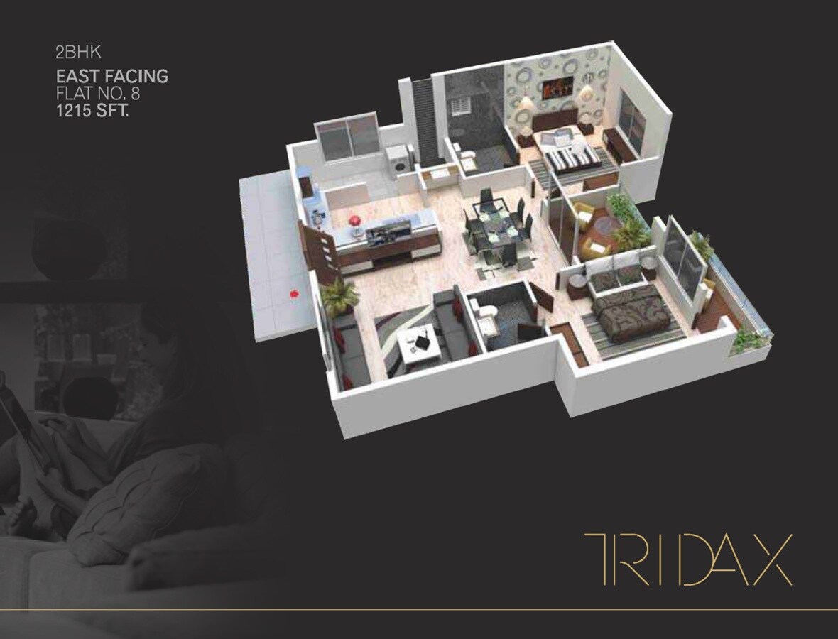 Floor plan of 2 BHK 1215 Sq. Ft. Apartment in SSVR Tridax, Bangalore