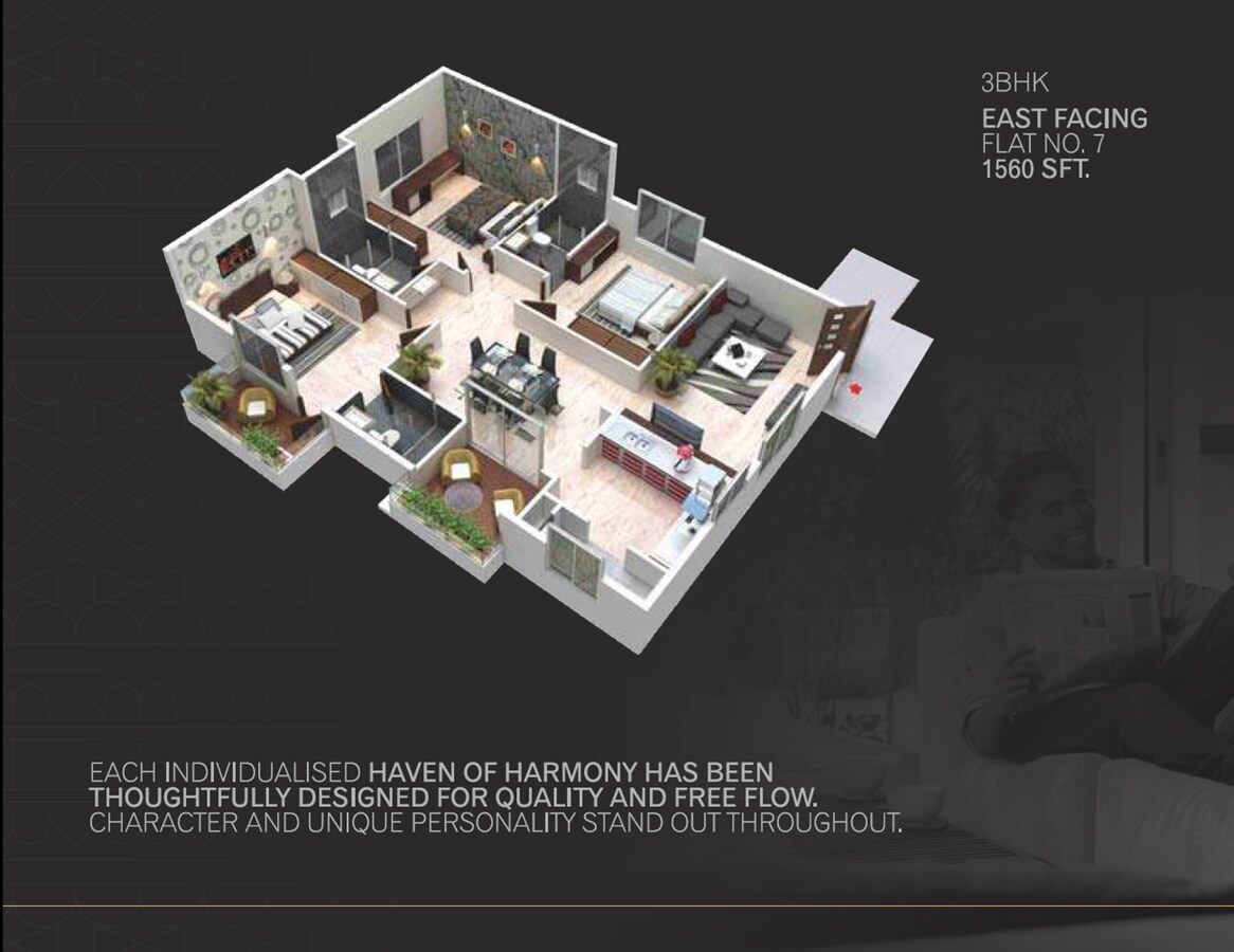 Floor plan of 3 BHK 1560 Sq. Ft. Apartment in SSVR Tridax, Bangalore