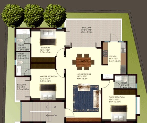Floor plan of 3 BHK 1650 Sq. Ft. Apartment in Sterling Ambrosia, Bangalore