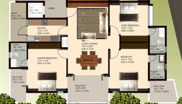Floor plan of 3 BHK 1690 Sq. Ft. Apartment in Sterling Ambrosia, Bangalore