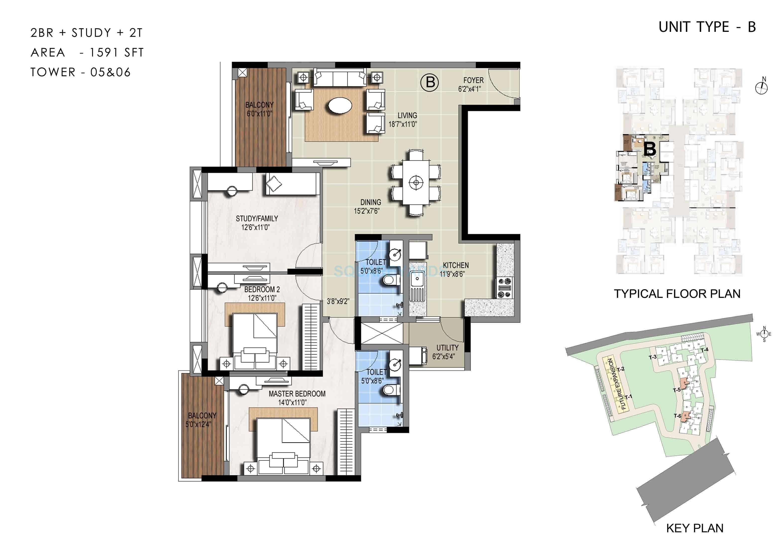 Floor plan of 2 BHK 1591 Sq. Ft. Apartment in Sterling Ascentia, Bangalore