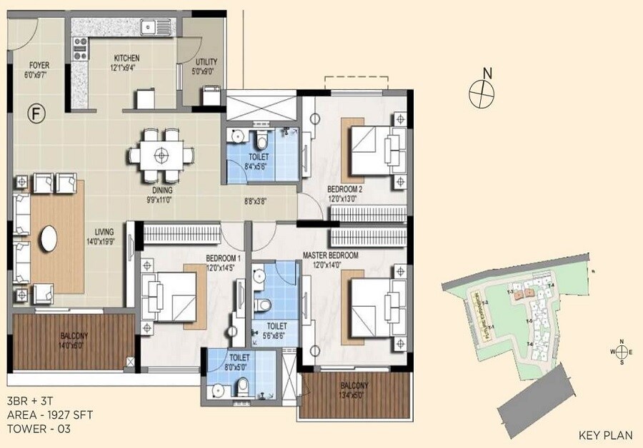 Floor plan of 3 BHK 1927 Sq. Ft. Apartment in Sterling Ascentia, Bangalore