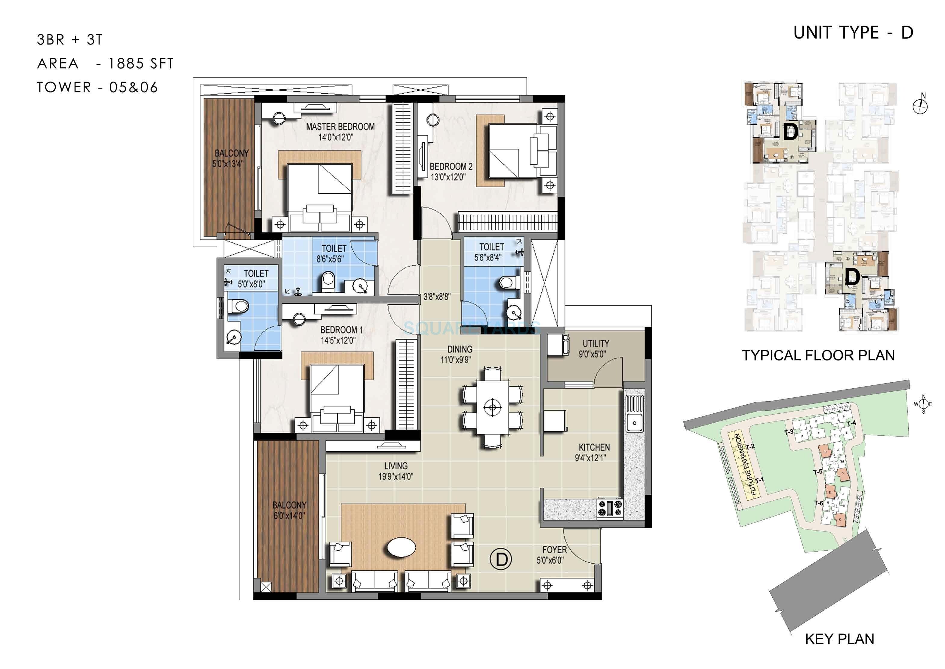 Floor plan of 3 BHK 1885 Sq. Ft. Apartment in Sterling Ascentia, Bangalore