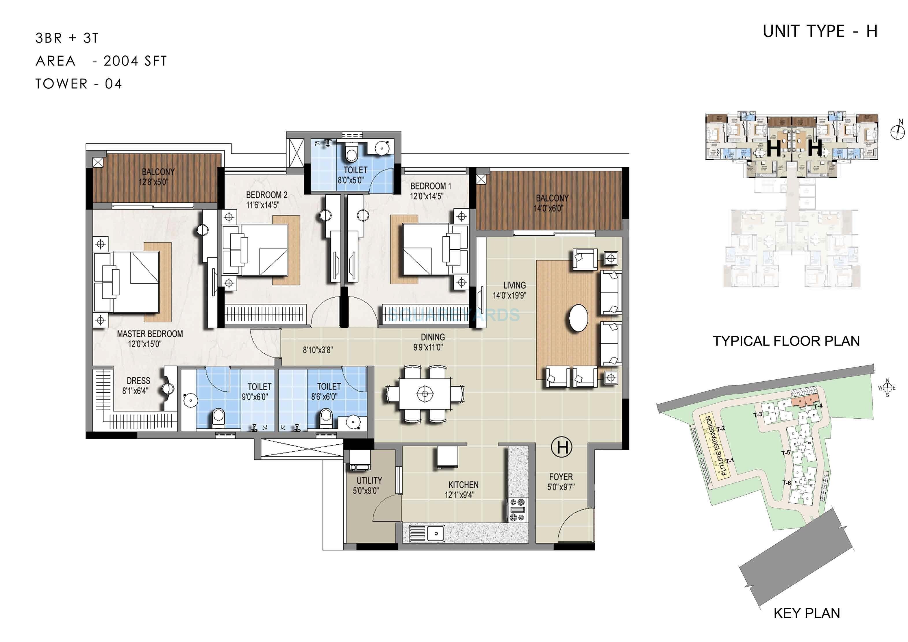 Floor plan of 3 BHK 2004 Sq. Ft. Apartment in Sterling Ascentia, Bangalore