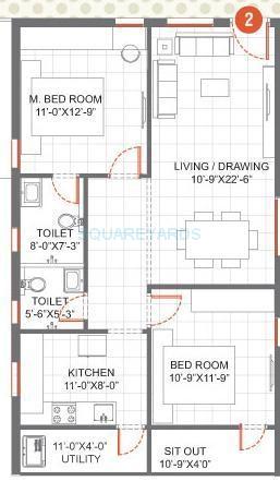 Floor plan of 2 BHK 1091 Sq. Ft. Apartment in Sterling Courts, Bangalore