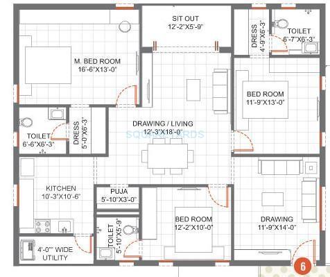 Floor plan of 3 BHK 1400 Sq. Ft. Apartment in Sterling Courts, Bangalore