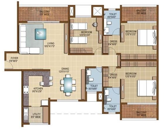 Floor plan of 3 BHK 2439 Sq. Ft. Apartment in Sterling Infinia, Bangalore