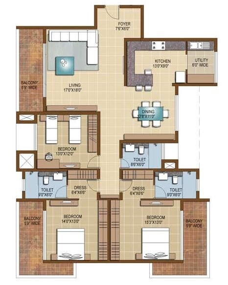 Floor plan of 3 BHK 2566 Sq. Ft. Apartment in Sterling Infinia, Bangalore