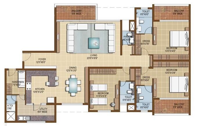 Floor plan of 3 BHK 2782 Sq. Ft. Apartment in Sterling Infinia, Bangalore