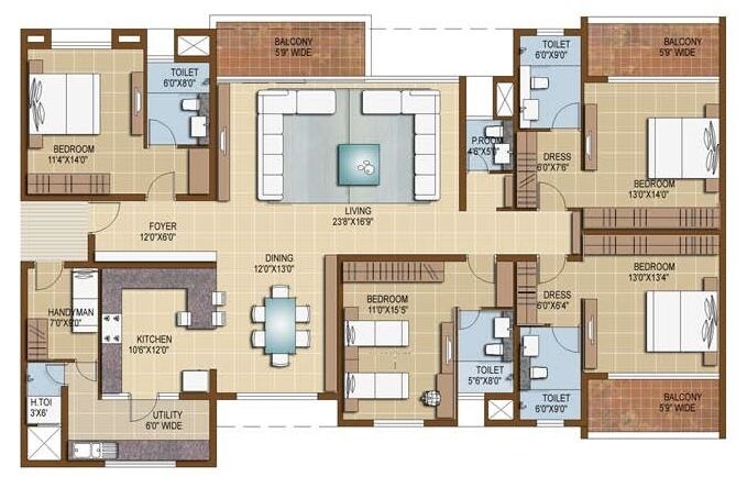 Floor plan of 4 BHK 3142 Sq. Ft. Apartment in Sterling Infinia, Bangalore