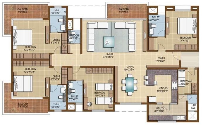Floor plan of 4 BHK 3233 Sq. Ft. Apartment in Sterling Infinia, Bangalore