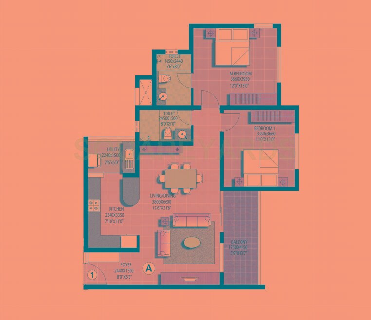 Floor plan of 2 BHK 1289 Sq. Ft. Apartment in Sterling Joy On The Banks, Bangalore