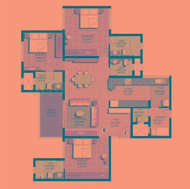 Floor plan of 3 BHK 1847 Sq. Ft. Apartment in Sterling Joy On The Banks, Bangalore
