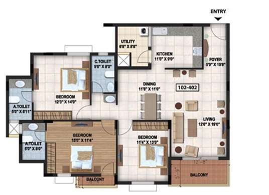 3 BHK 1640 Sq. Ft. Apartment in Sterling Pointe