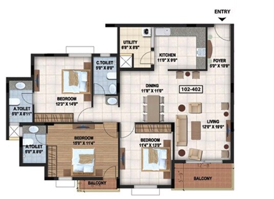 Floor plan of 3 BHK 1640 Sq. Ft. Apartment in Sterling Pointe, Bangalore
