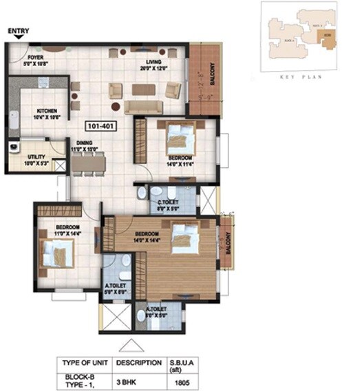 Floor plan of 3 BHK 1805 Sq. Ft. Apartment in Sterling Pointe, Bangalore