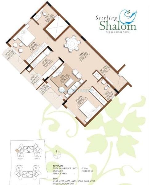 Floor plan of 2 BHK 1389 Sq. Ft. Apartment in Sterling Shalom, Bangalore