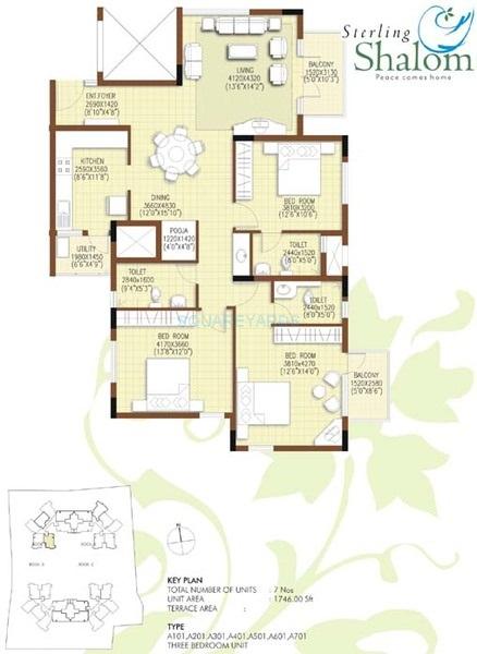 Floor plan of 3 BHK 1746 Sq. Ft. Apartment in Sterling Shalom, Bangalore