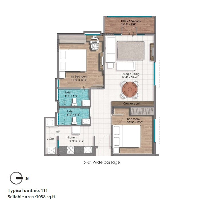 Floor plan of 2 BHK 1058 Sq. Ft. Apartment in String Estates 8 Siddeshwar, Bangalore