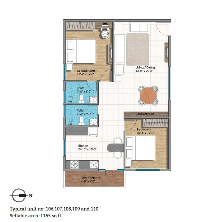 Floor plan of 2 BHK 1165 Sq. Ft. Apartment in String Estates 8 Siddeshwar, Bangalore