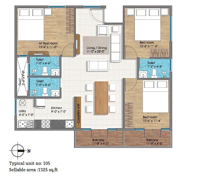 Floor plan of 3 BHK 1325 Sq. Ft. Apartment in String Estates 8 Siddeshwar, Bangalore