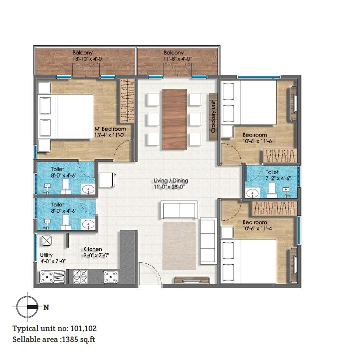 Floor plan of 3 BHK 1385 Sq. Ft. Apartment in String Estates 8 Siddeshwar, Bangalore
