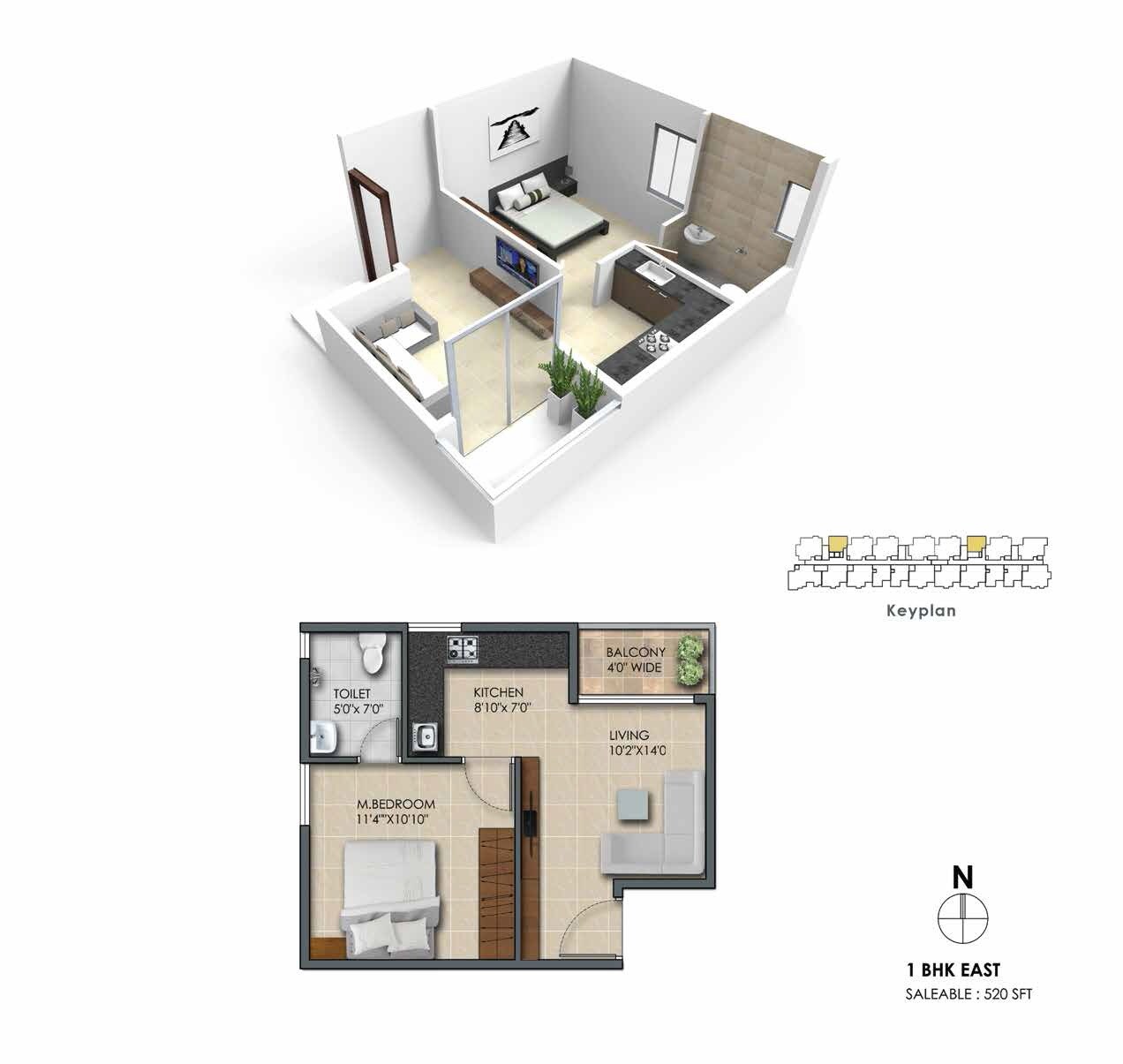 Floor plan of 1 BHK 520 Sq. Ft. Apartment in Subha 9 Sky Vue, Bangalore