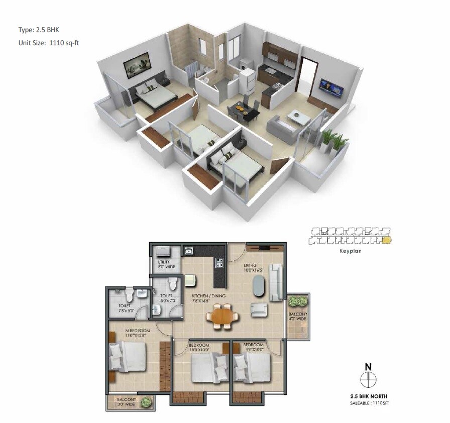 Floor plan of 3 BHK 1110 Sq. Ft. Apartment in Subha 9 Sky Vue, Bangalore