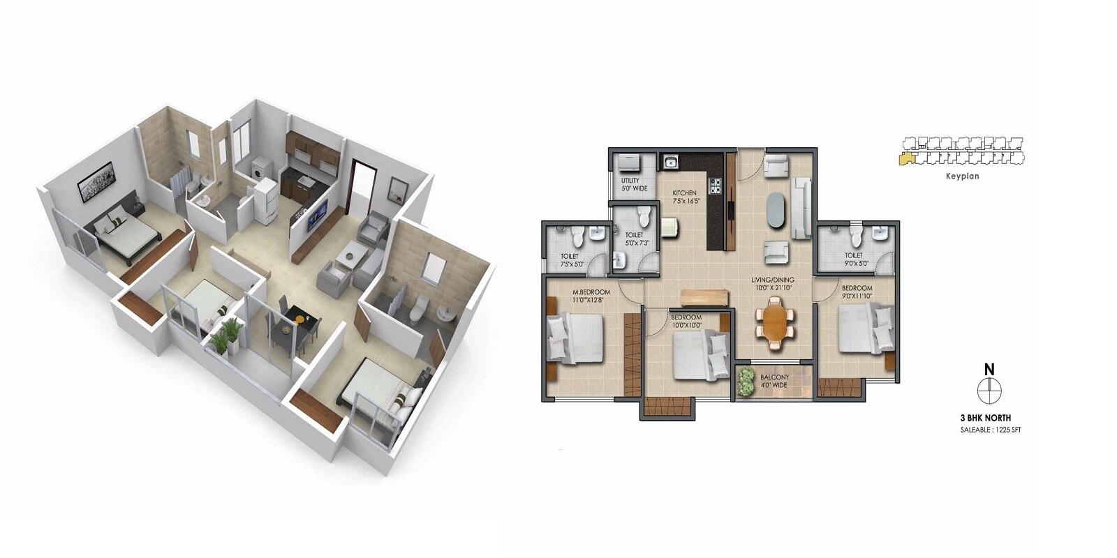 Floor plan of 3 BHK 1225 Sq. Ft. Apartment in Subha 9 Sky Vue, Bangalore