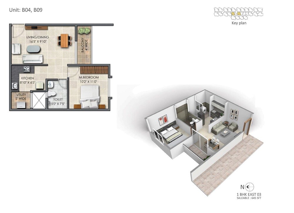 Floor plan of 1 BHK 645 Sq. Ft. Apartment in Subha Essence, Bangalore
