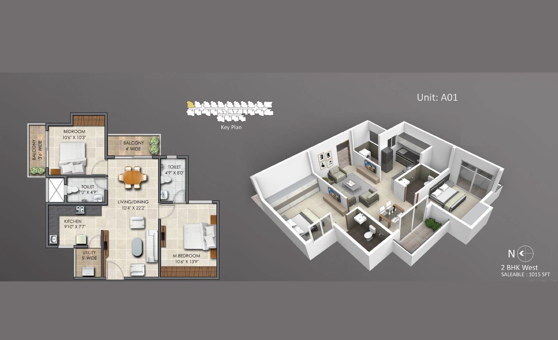 Floor plan of 2 BHK 1015 Sq. Ft. Apartment in Subha Essence, Bangalore