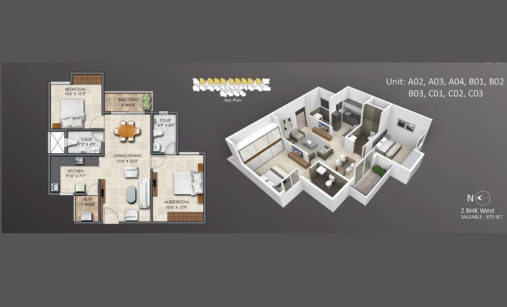 Floor plan of 2 BHK 975 Sq. Ft. Apartment in Subha Essence, Bangalore