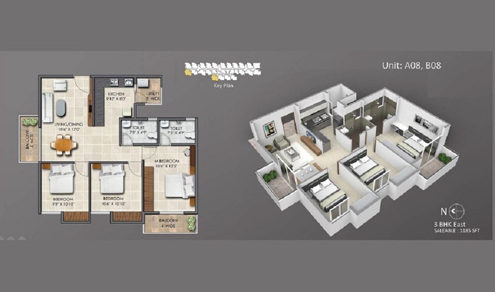 Floor plan of 3 BHK 1185 Sq. Ft. Apartment in Subha Essence, Bangalore