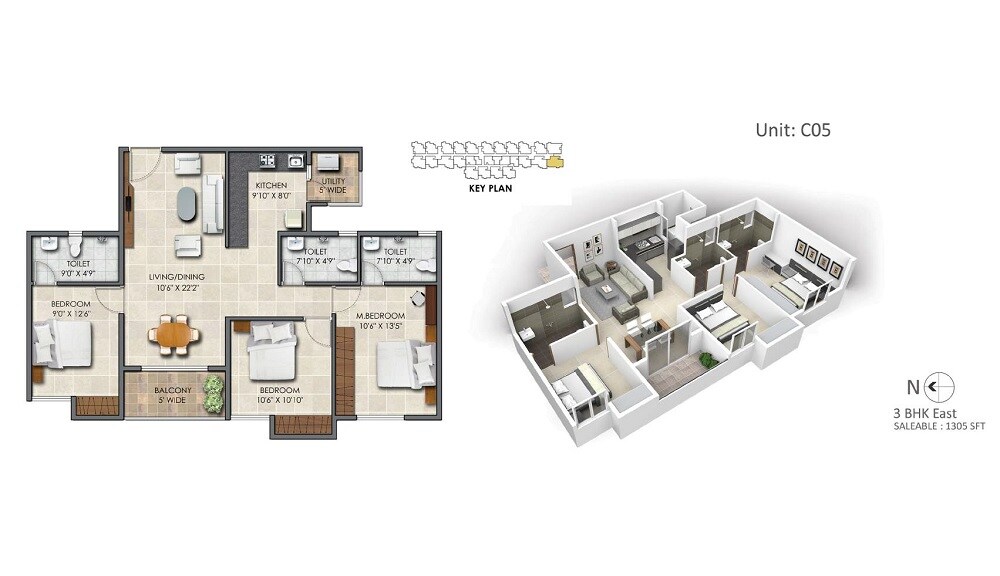 Floor plan of 3 BHK 1305 Sq. Ft. Apartment in Subha Essence, Bangalore