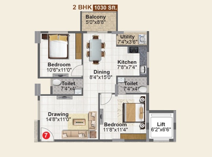 Floor plan of 2 BHK 1030 Sq. Ft. Apartment in Subhams Antique City, Bangalore