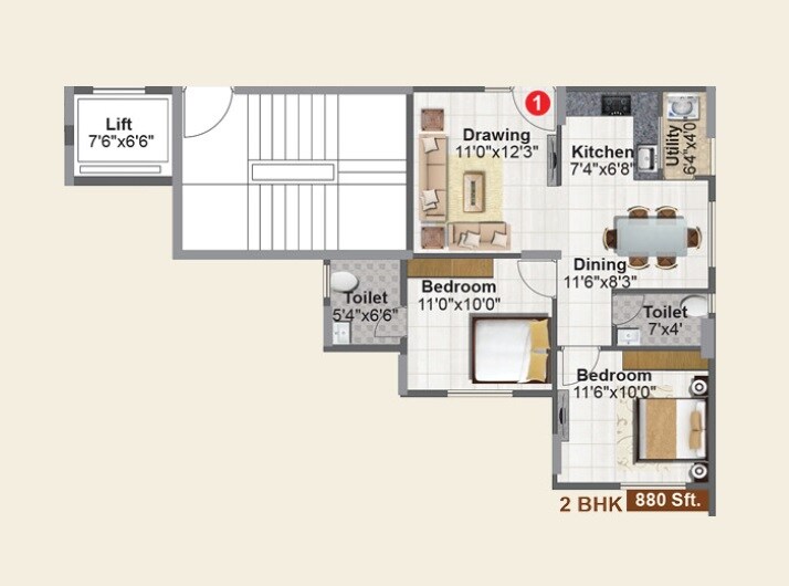Floor plan of 2 BHK 880 Sq. Ft. Apartment in Subhams Antique City, Bangalore