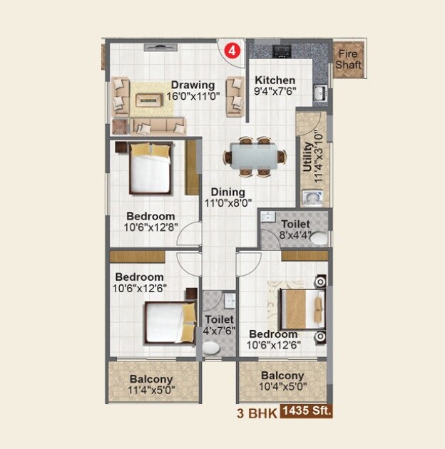 Floor plan of 3 BHK 1435 Sq. Ft. Apartment in Subhams Antique City, Bangalore