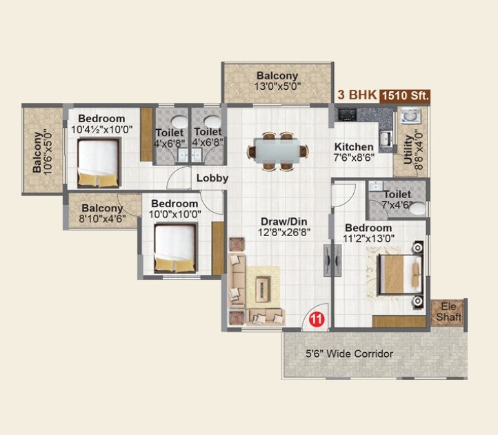 Floor plan of 3 BHK 1510 Sq. Ft. Apartment in Subhams Antique City, Bangalore