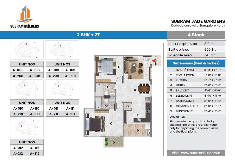 Floor plan of 2 BHK 1261 Sq. Ft. Apartment in Subram Jade Gardens, Bangalore